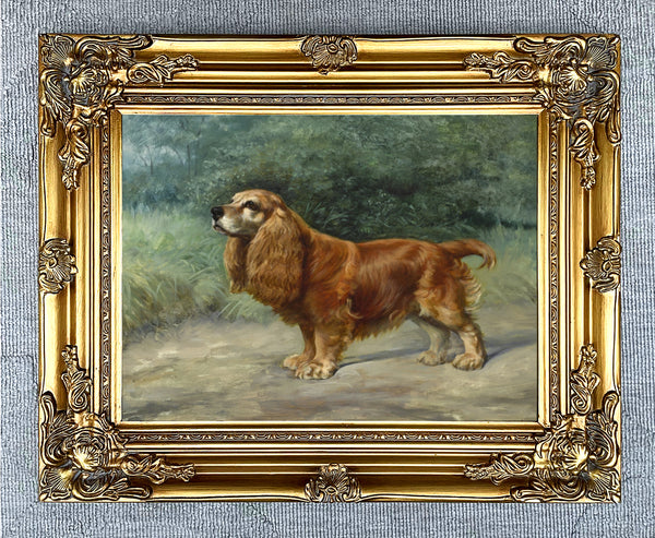 Framed Oleograph of  a Cocker Spaniel in a Wooded Landscape