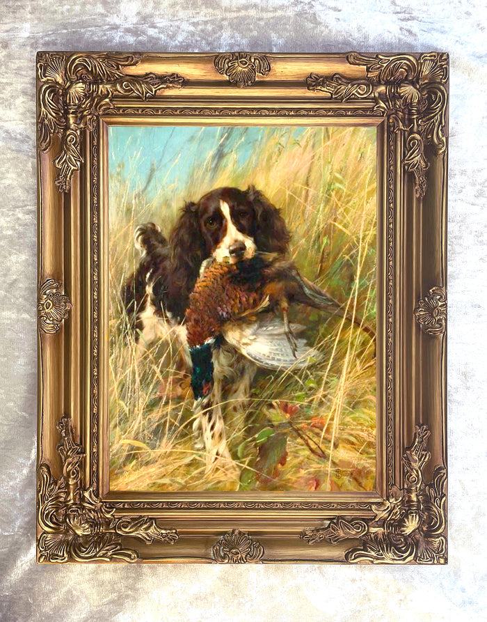 Gilt Framed Oleograph of  a Spaniel with a Pheasant aft. Thomas Blinks
