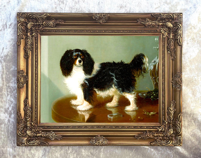 Ornate Framed Oleograph of a King Charles Cavalier Spaniel