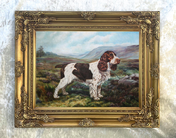 Gilt Framed Oleograph of a Springer Spaniel in a Moorland Landscape
