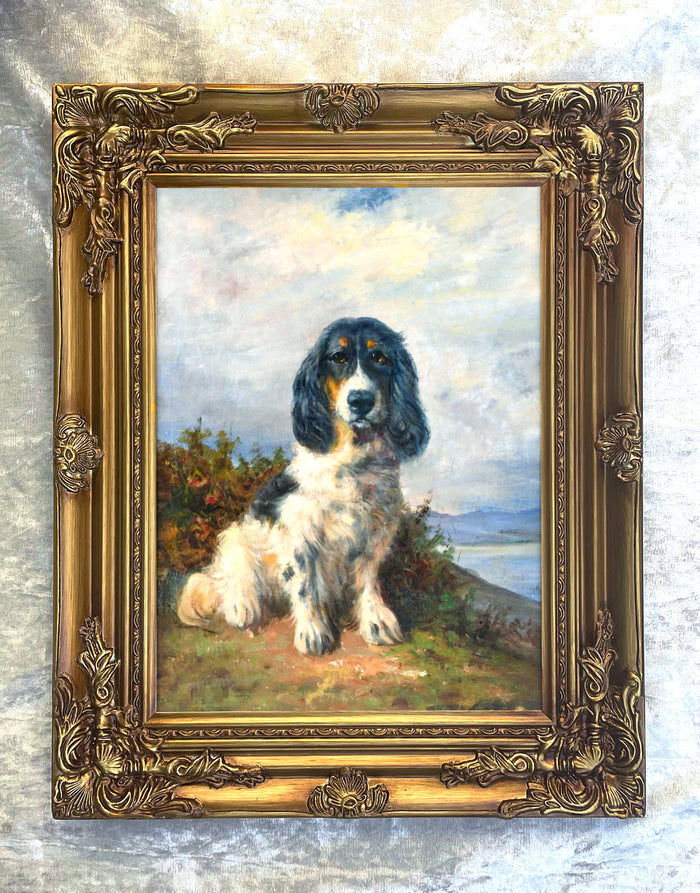 Fine Gilt Framed Oleograph of a Spaniel in a Coastal Landscape