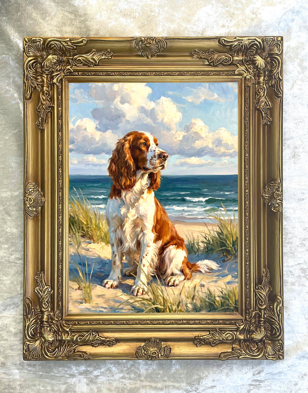 Gilt Framed Oleograph of a Springer Spaniel by the Coast