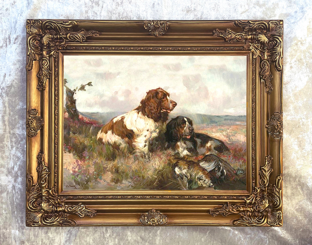 Fine Oleograph on Canvas - "Working Spaniels in a Moorland Landscape"