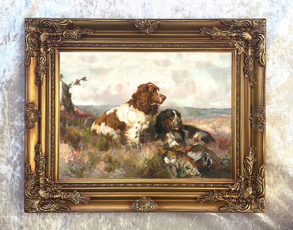 Fine Oleograph on Canvas - "Working Spaniels in a Moorland Landscape"