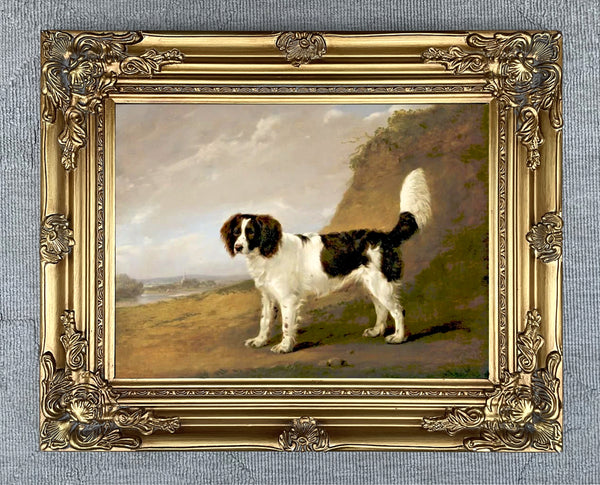 Gilt Framed Oleograph of a Field Spaniel in a Rural Landscape