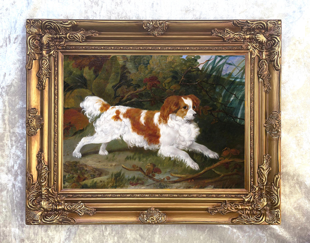 Gilt Framed Oleograph of a Field Spaniel in a Woodland Landscape