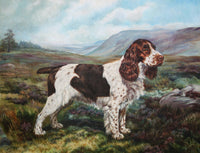 Gilt Framed Oleograph of a Springer Spaniel in a Moorland Landscape