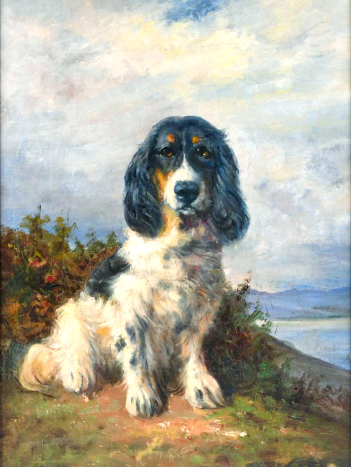 Fine Gilt Framed Oleograph of a Spaniel in a Coastal Landscape