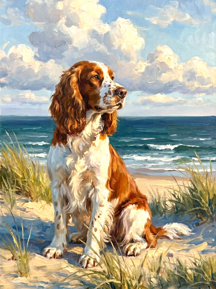 Gilt Framed Oleograph of a Springer Spaniel by the Coast