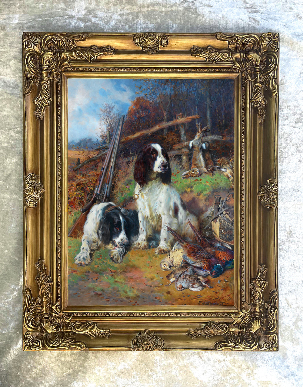 Fine Oleograph on Canvas - A Pair of Spaniels with Game
