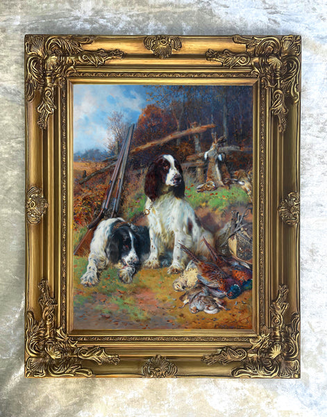 Fine Oleograph on Canvas - A Pair of Spaniels with Game