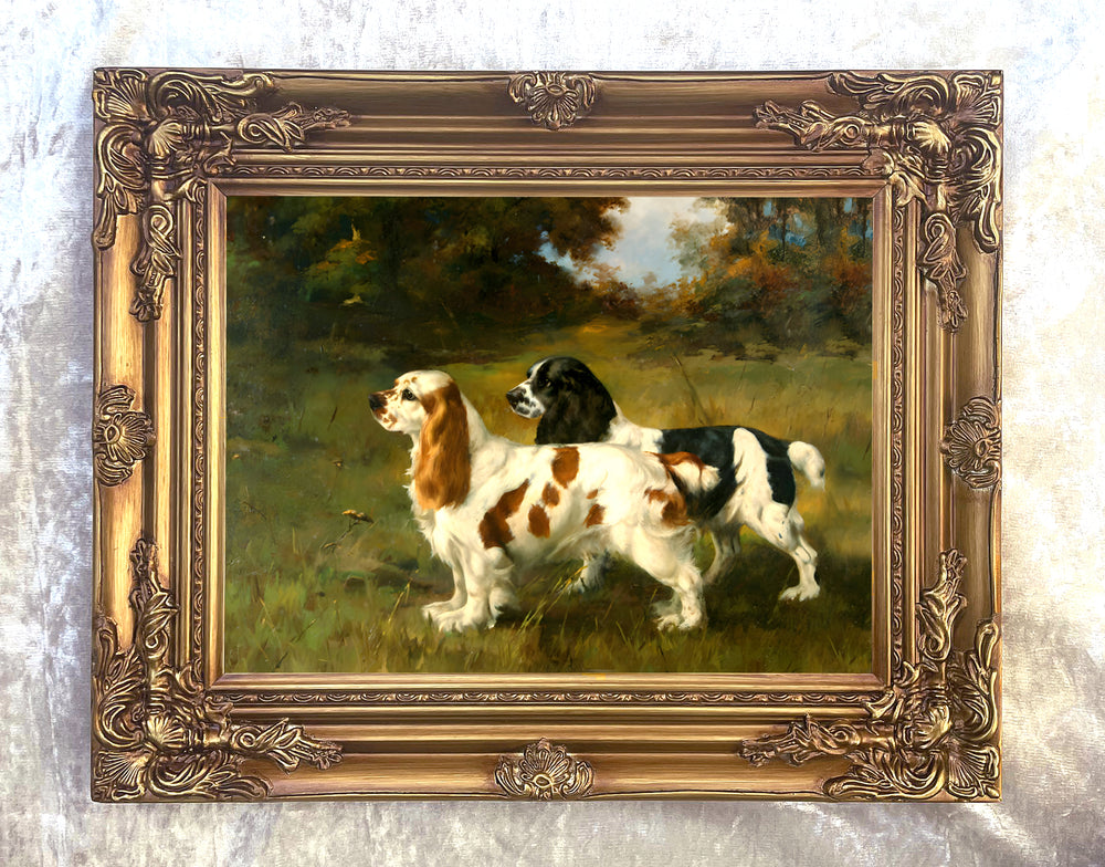 Fine Oleograph on Canvas - A Pair of Spaniels in a wooded landscape