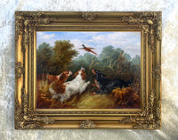 Fine Oleograph on Canvas -Three Spaniels Flushing a Pheasant