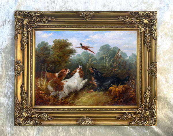 Fine Oleograph on Canvas -Three Spaniels Flushing a Pheasant