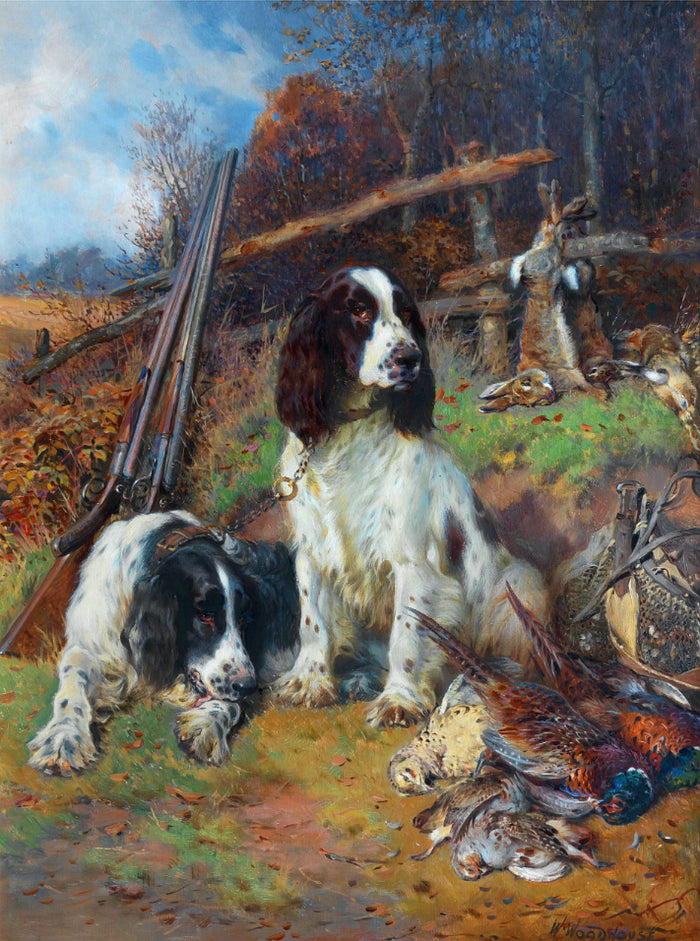 Fine Oleograph on Canvas - A Pair of Spaniels with Game