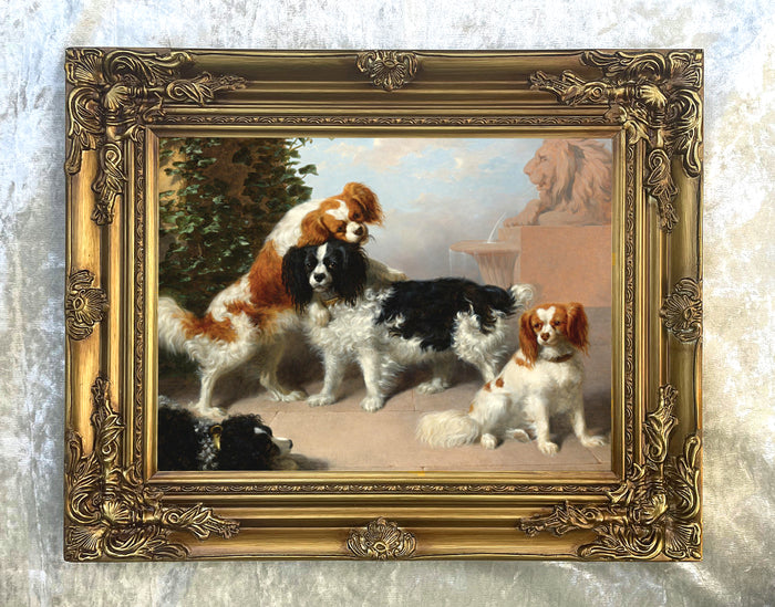 Gilt Framed Oleograph on Canvas - Spaniels at Play