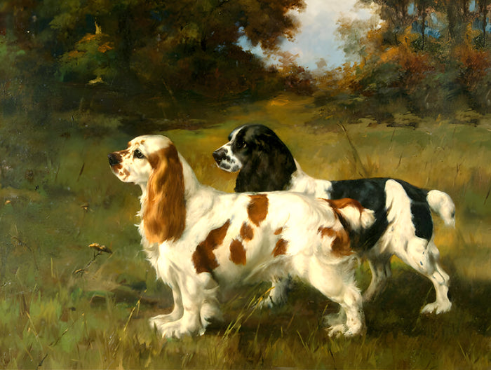 Fine Oleograph on Canvas - A Pair of Spaniels in a wooded landscape