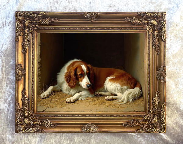 Gilt Framed Oleograph of a Springer Spaniel Resting in a Stable