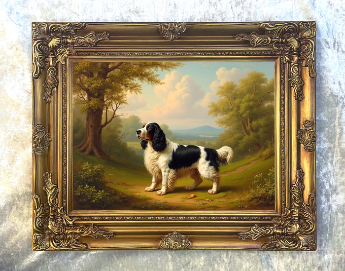 Gilt Framed Oleograph of a Springer Spaniel in a Woodland Landscape
