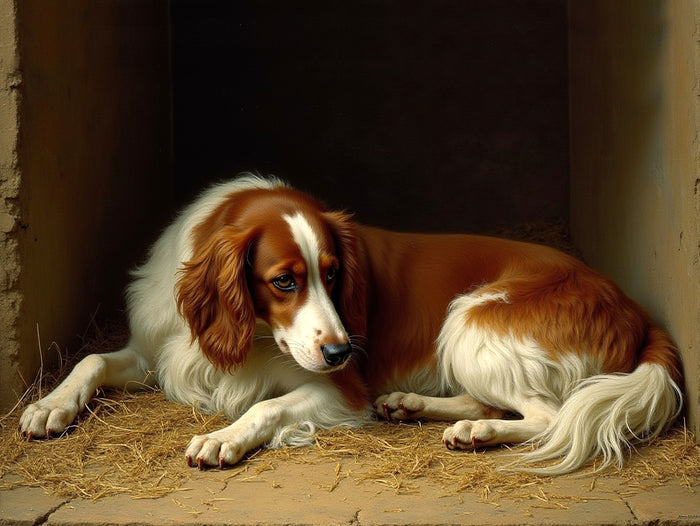 Gilt Framed Oleograph of a Springer Spaniel Resting in a Stable