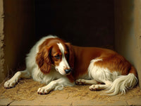 Gilt Framed Oleograph of a Springer Spaniel Resting in a Stable