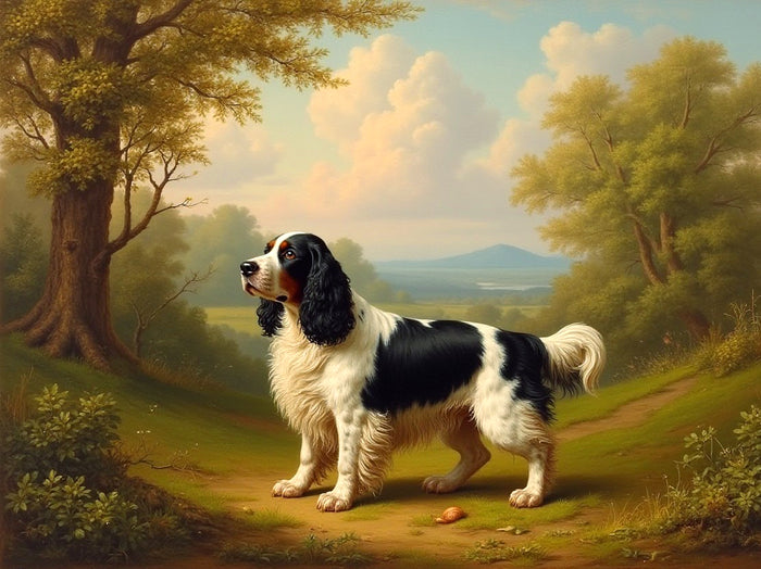 Gilt Framed Oleograph of a Springer Spaniel in a Woodland Landscape