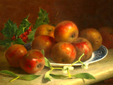 Fine Oleograph on Canvas Still Life of Apples, Holly & Mistletoe on a Ledge aft. E H Stannard