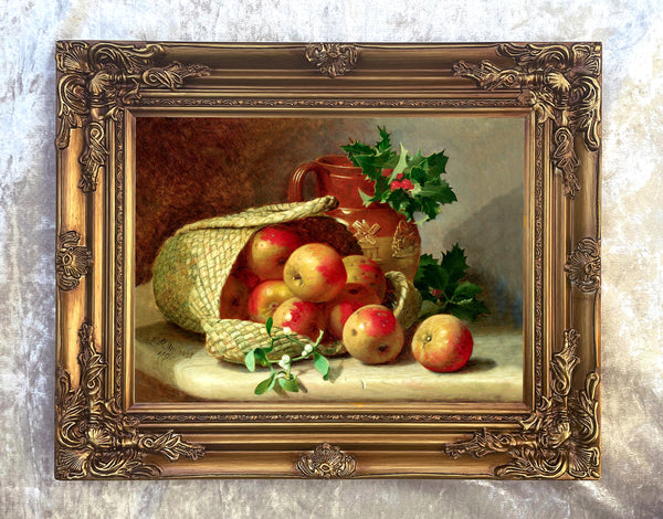 Fine Oleograph on Canvas Still Life of Festive Fruit in a Basket aft. E H Stannard