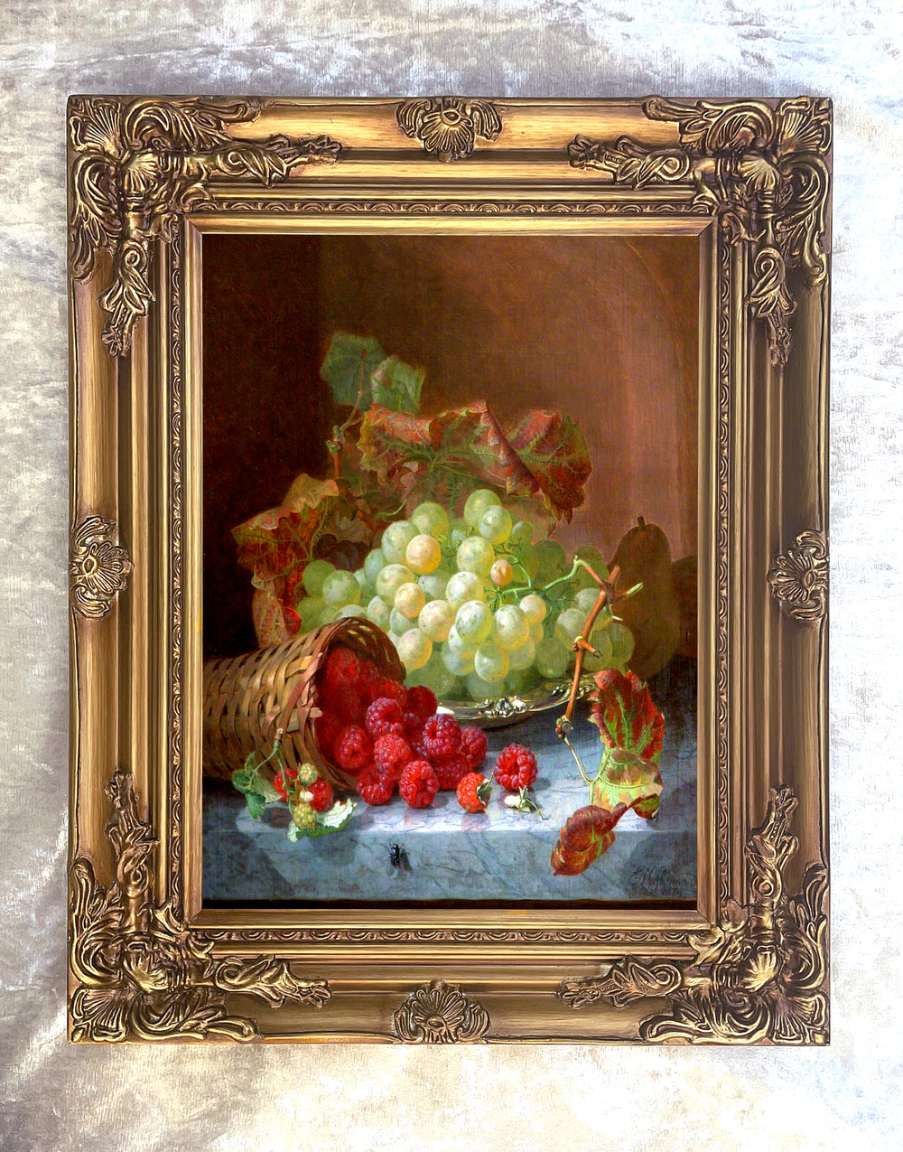 Fine Oleograph on Canvas Still Life of Mixed Fruit on a Marble Ledge