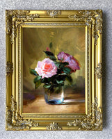 Exquisite Oleograph on Canvas Still Life of a Roses in a Glass Jar