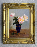 Exquisite Oleograph on Canvas - Assorted Roses in a Blue Vase