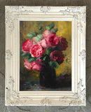 Exquisite Oleograph on Canvas - Still Life of Red Roses in a Vase