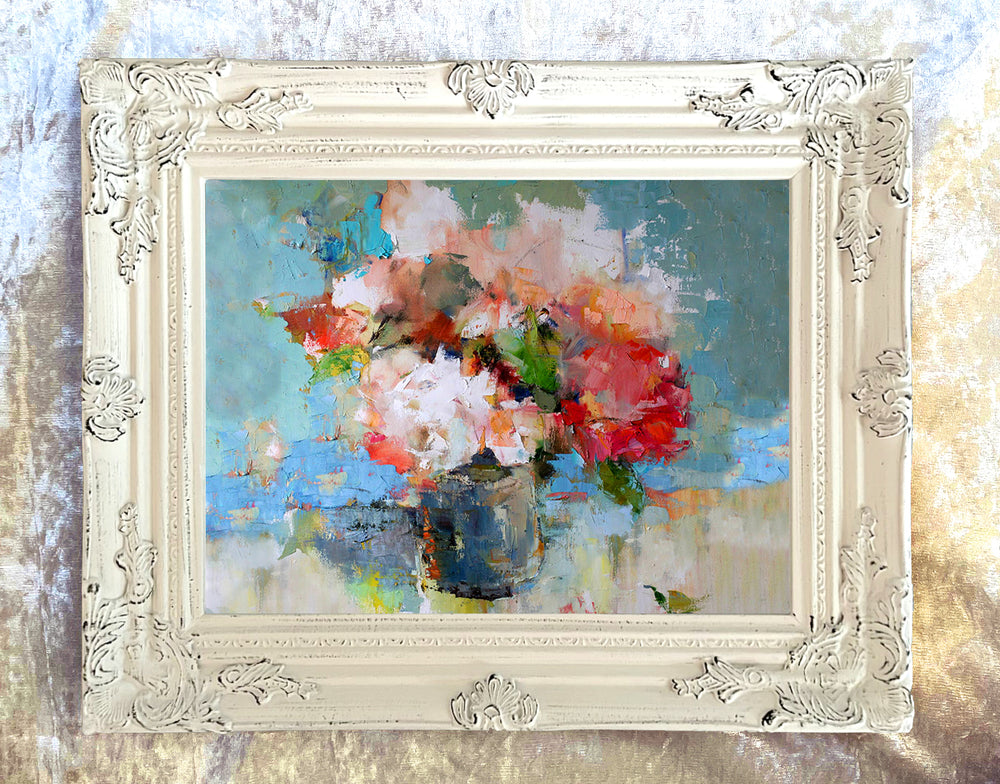 Stunning Still Life Oleograph on Canvas - Modernist Still Life of Flowers in a Bowl