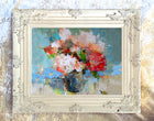 Stunning Still Life Oleograph on Canvas - Modernist Still Life of Flowers in a Bowl