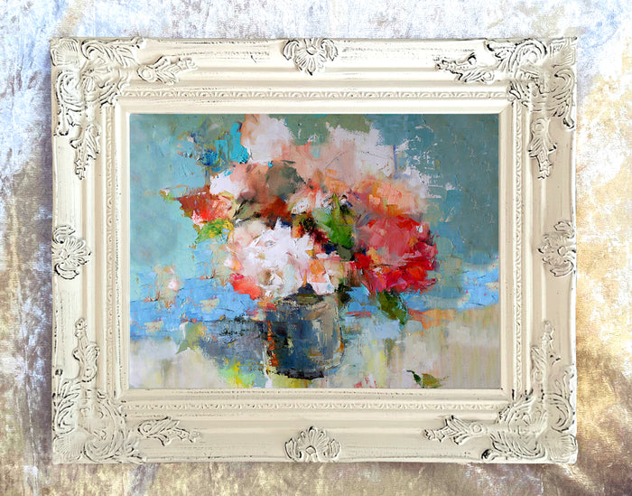 Stunning Still Life Oleograph on Canvas - Modernist Still Life of Flowers in a Bowl