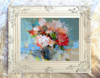 Stunning Still Life Oleograph on Canvas - Modernist Still Life of Flowers in a Bowl