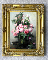 Exquisite Oleograph on Canvas Still Life of Pink Roses