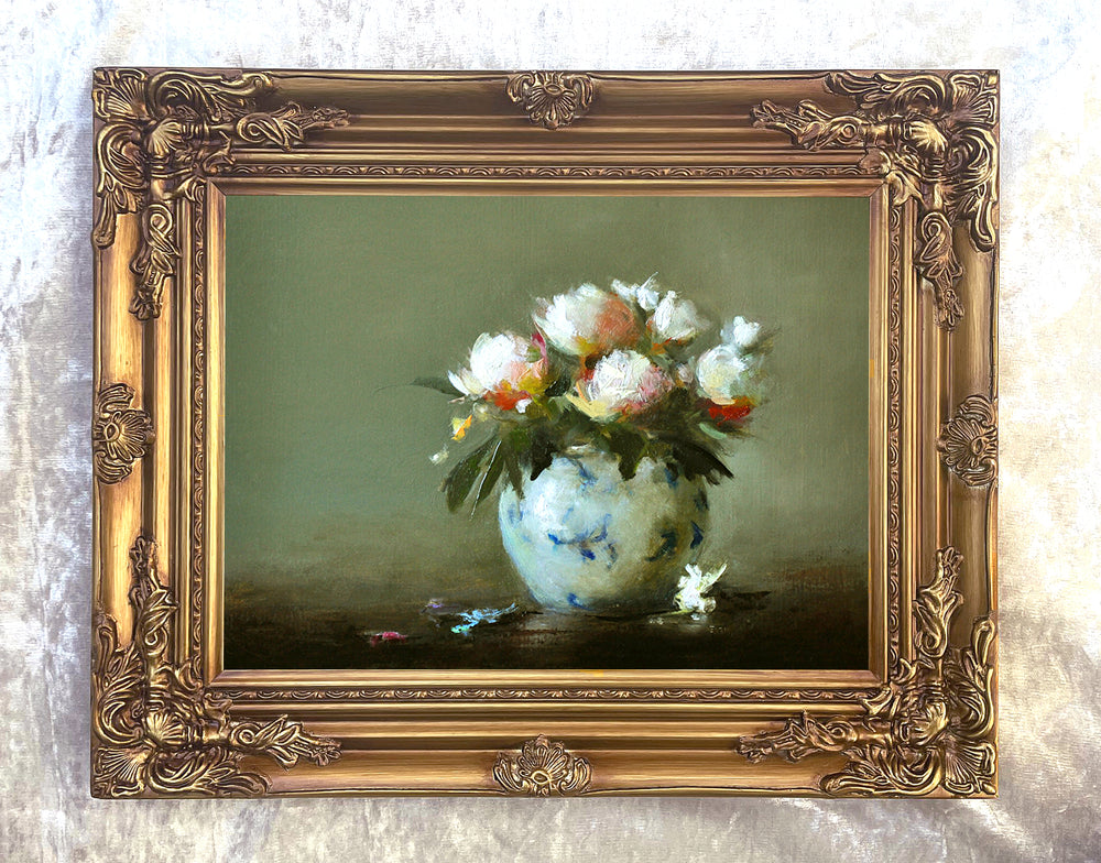 Exquisite Oleograph on Canvas Still Life of White Flowers in a Blue Vase