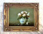 Exquisite Oleograph on Canvas Still Life of White Flowers in a Blue Vase