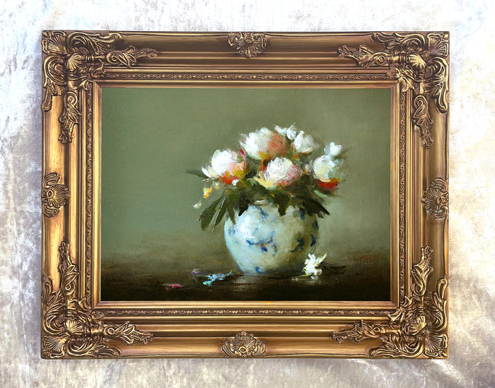 Exquisite Oleograph on Canvas Still Life of White Flowers in a Blue Vase
