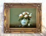 Exquisite Oleograph on Canvas Still Life of White Flowers in a Blue Vase