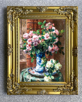 Exquisite Oleograph on Canvas - White & Pink Roses by a Window