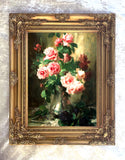 Exquisite Oleograph on Canvas - Vase with Red Roses & African Violets