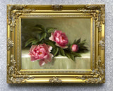 Beautiful Oleograph on Canvas - Still Life with Pink Peonies on a Ledge