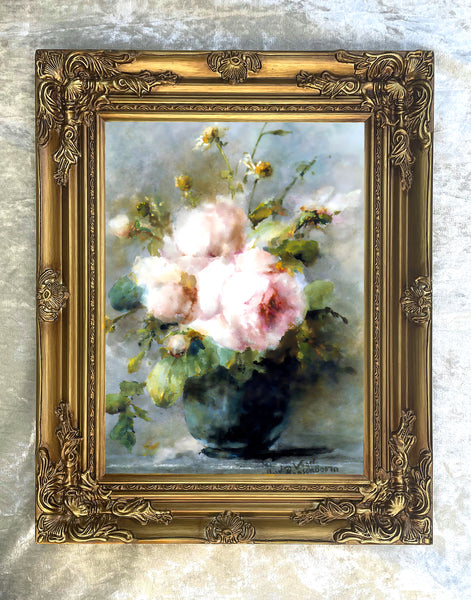 Exquisite Still Life Oleograph on Canvas Still Life of Roses in a Glass Vase