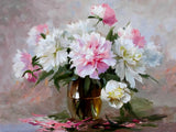 Exquisite Oleograph on Canvas Still Life of Pink & White Flowers in a Vase