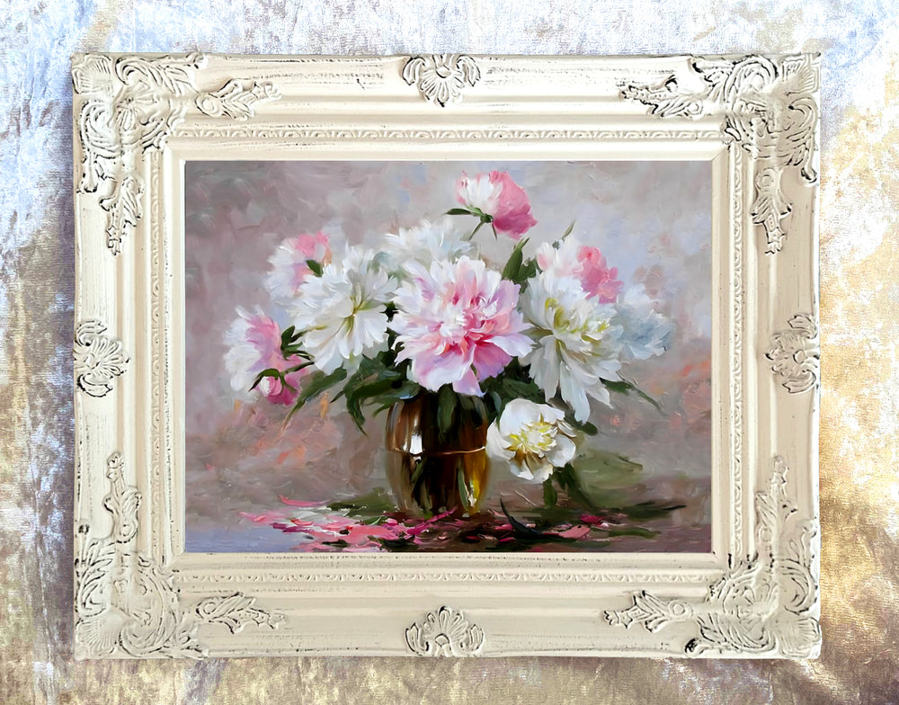Exquisite Oleograph on Canvas Still Life of Pink & White Flowers in a Vase