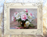 Exquisite Oleograph on Canvas Still Life of Pink & White Flowers in a Vase