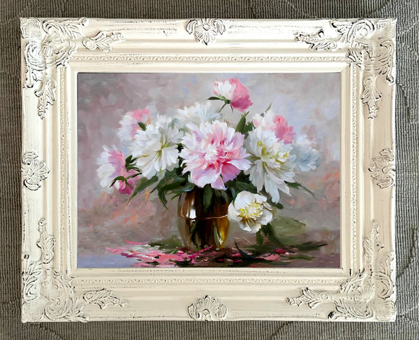 Exquisite Oleograph on Canvas Still Life of Pink & White Flowers in a Vase