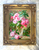 Fine Oleograph on Canvas Still Life of Pink Roses in a Glass Vase